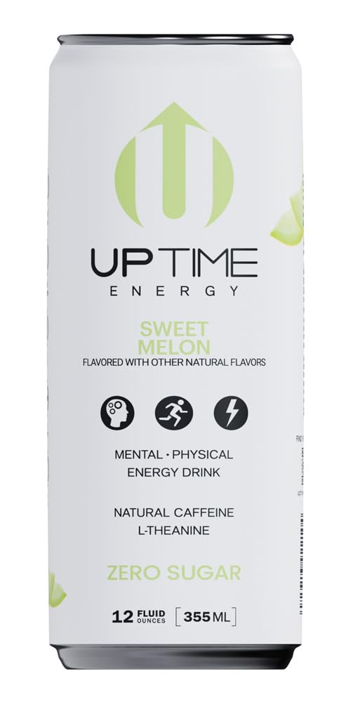 UPTIME Energy Drink, Sweet Summer Melon Sparkling, 12 Pack, Vitamin C, L Theanine, Calcium, Sugar Free Energy Drinks for Focus Support, 142mg of Natural Caffeine, 5 Calories, Natural, 12 fl oz Cans