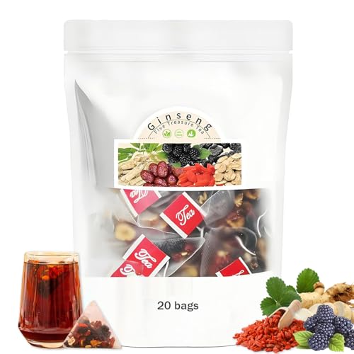 Ginseng Five Treasures Tea Kidney Tea, Ginseng & Mulberry Herbal Teas, Kidney Cleanse Detox Beverage for Women & Men, Nnatural Ingredients Sweet Taste and Aroma 20bags
