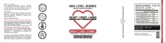 High Level Science CoQ10, Omega-3, Vitamin E - Cardiologist Formulated for Heart + Body + Mind Health with DHA/EPA, Antioxidant for Energy, Superior Bioavailable Fish Oil - Gluten Free - 2 Pack