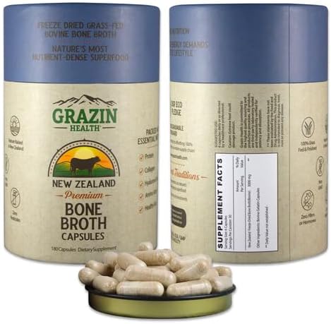 Freeze-Dried Grass-Fed Bovine Bone Broth Capsules – 3000mg Per Serving – Collagen, Protein & Amino Acids – Pasture-Raised in New Zealand, Manufactured in USA – 30 Servings