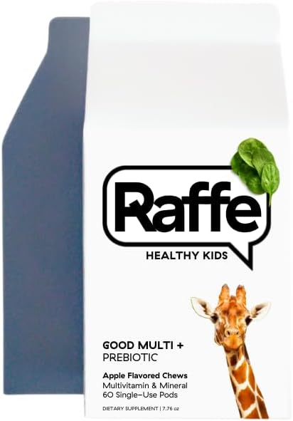 Raffe Kids Vitamins with Prebiotics - Sugar-Free Chewable Kids Multivitamin with 50mg Omega 3 DHA, 3g Fiber, Iron & Folate, Supports Immunity & Digestive Health, Vegan-Friendly | 60 Chews