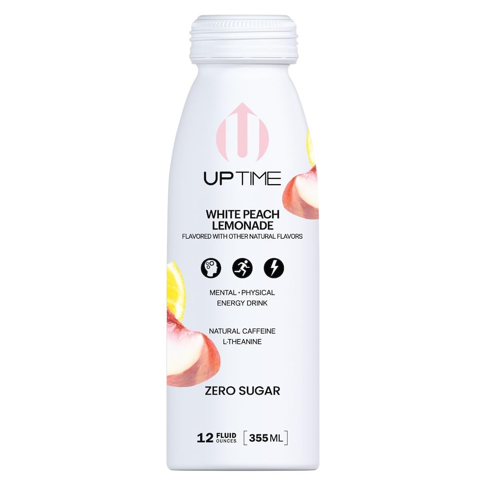 UPTIME Energy Drink, White Peach Lemonade Sparkling, 12 Pack, Vitamin C, L Theanine, Calcium, Sugar Free Energy Drinks for Focus Support, 142mg of Natural Caffeine, 5 Calories, Clean, 12 fl oz Cans