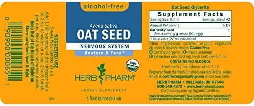 Herb Pharm Certified Organic Alcohol-Free Oat Seed Glycerite for Nervous System Support - 4 Ounce