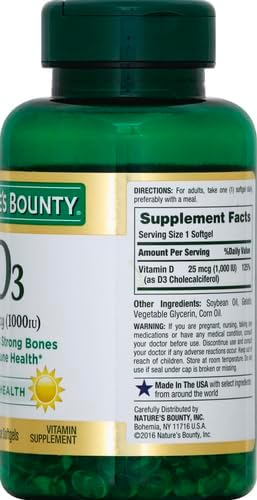 Nature's Bounty Vitamin D3 1000 IU, Immune Support, Helps Maintain Healthy Bones, 250 Rapid Release Softgels (Pack of 3)
