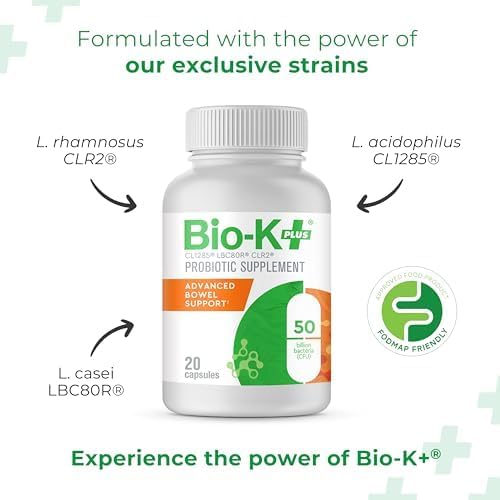Bio-K+ Advanced Bowel Support Probiotic – 50 Billion CFU – Vegan, Gluten-Free, Non-GMO – Supports Digestive Health & Regularity – for Men & Women – 20 Capsules
