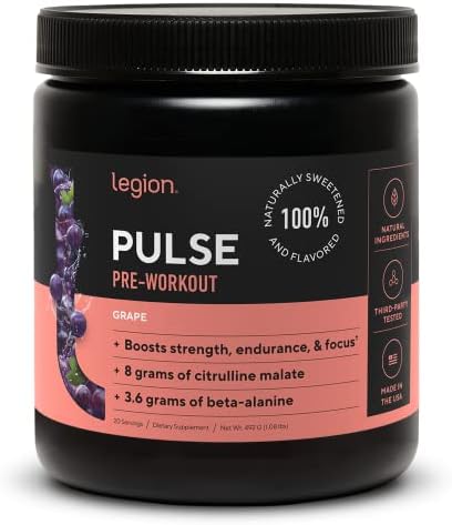 LEGION Pulse Pre Workout - All Natural Nitric Oxide Preworkout Drink to Boost Energy, Creatine Free, Naturally Sweetened, Beta Alanine, Citrulline, Alpha GPC (Grape)