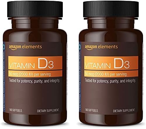 Amazon Elements Vitamin D3, 2000 IU, 180 Softgels, 6 Month Supply (Packaging May Vary), Supports Strong Bones and Immune Health (Pack of 2)