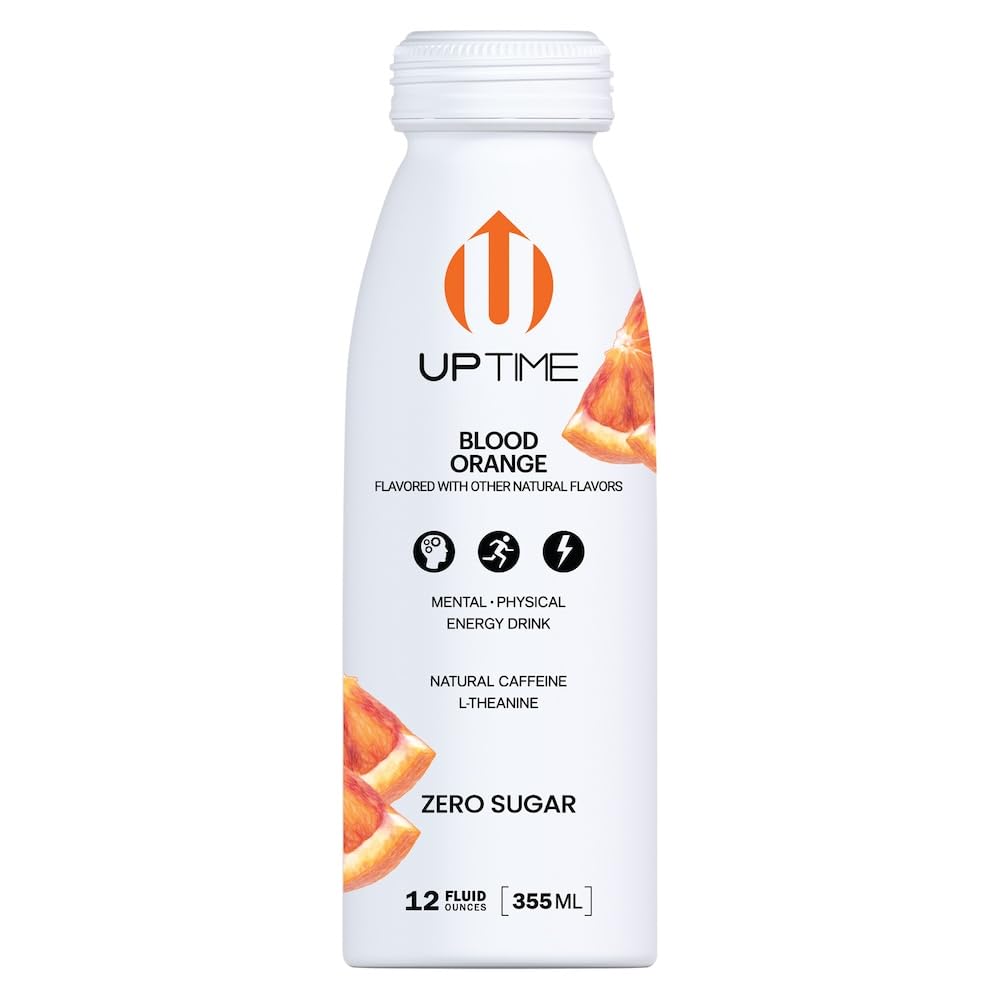 UPTIME Energy Drink, Blood Orange Sparkling, 12 Pack, Vitamin C, L Theanine, Calcium, Sugar Free Energy Drinks for Focus Support, 142mg of Natural Caffeine, 0 Calories, Clean, Natural, 12 fl oz Cans