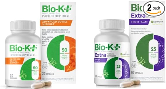 Bio K+ Vegan Probiotic Bundle – Immune Health w/Wellmune 25B CFU (60 Caps) + Advanced Bowel Support 50B CFU (20 Caps), 2 Products for Gut, Immunity & Digestive Balance, Delayed Release