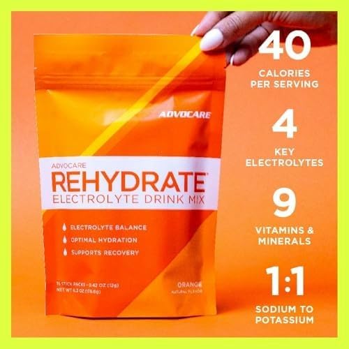 AdvoCare Rehydrate - Electrolyte Drink Mix - Includes Magnesium, Sodium, Potassium & Calcium - Antioxidant & Amino Acid Fortified - Hydration & Recovery - Orange, 15 Stick Packs (6.3 oz)