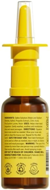 Beekeeper's Naturals Nasal Spray for Adults with Propolis, Xylitol & Saline, Clears Nasal Congestion, Moisturizes Sinus Canal, & Decongest Sinus Cavities, 1 fl oz