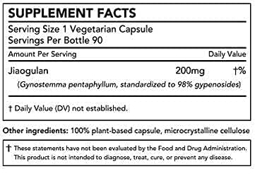 Jiaogulan Extract Supplement, Our Gynostemma Pentaphyllum is Standardized to 98 Percent Gypenosides, Natural AMPK Activator, Non GMO, Gluten Free, 90 Gynostemma Capsules, Vegan