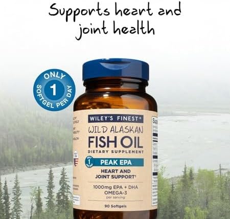 Wiley's Finest Wild Alaskan Fish Oil Peak EPA - Triple Strength Peak EPA & DHA Supplement - 1000mg Fish Oil - Omega-3s for Joint Health Support - 90 Softgels (90 Servings)