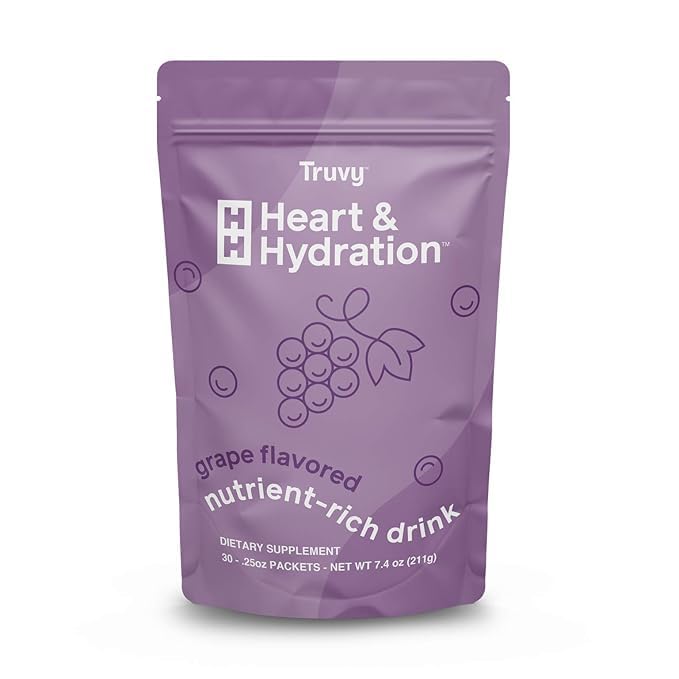 Truvy Heart & Hydration - Grape | 30 Stick Packs | Sugar-Free Super Drink Mix | Supports Hydration, Energy, and Heart Health | Infused with Electrolytes, CoQ10, Ginseng
