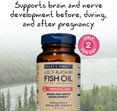 Wiley's Finest Wild Alaskan Fish Oil Prenatal DHA - 900mg EPA and DHA Omega-3s for Pregnant Women and Nursing Mothers - 180 Softgels (90 Prenatal Vitamin Servings)