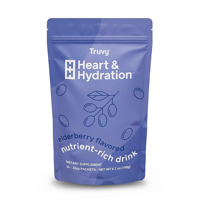 Truvy Heart & Hydration - Elderberry | 30 Stick Packs | Sugar-Free Super Drink Mix | Supports Hydration, Energy, and Heart Health | Infused with Electrolytes, CoQ10, Ginseng