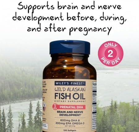 Wiley's Finest Wild Alaskan Fish Oil Prenatal DHA - 900mg EPA and DHA Omega-3s for Pregnant Women and Nursing Mothers - 120 Softgels (60 Prenatal Vitamin Servings)