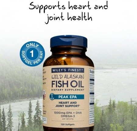 Wiley's Finest Wild Alaskan Fish Oil Peak EPA - Triple Strength Peak EPA & DHA Supplement - 1000mg Fish Oil - Omega-3s for Joint Health Support - 120 Softgels (120 Servings)