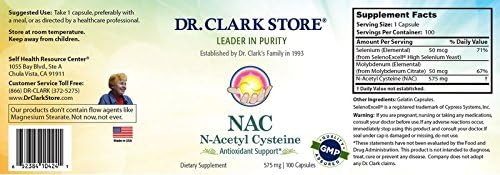 Dr.Clark's N-Acetyl-Cysteine (NAC) - 575 mg, Non-GMO, Gluten-Free NAC Supplement with Selenium and Molybdenum for Respiratory Support, 100 Easy Swallow Gelatin Capsules