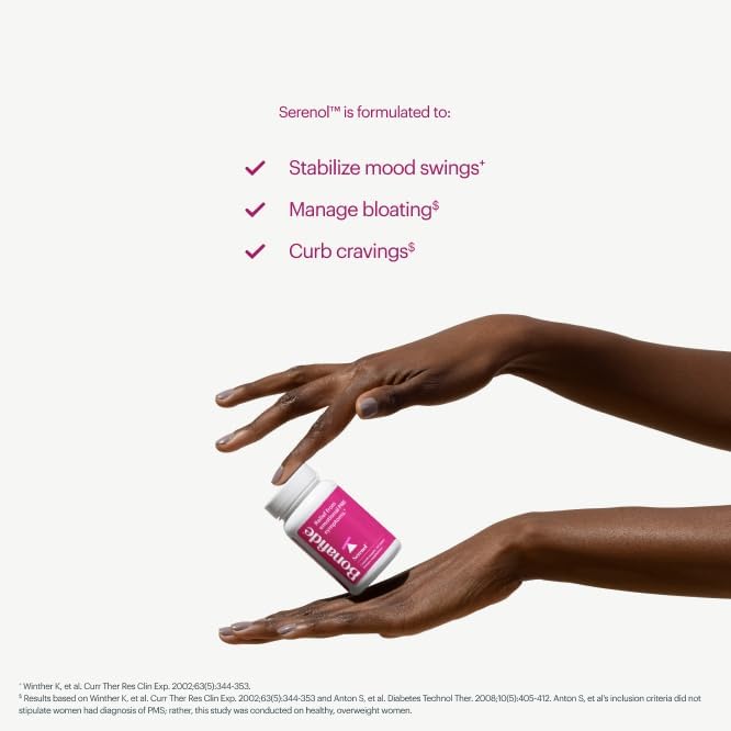 Serenol by Bonafide. Relief from Hormonal Mood Swings, Irritability, & PMS Bloating. — 1-Month Supply (60 Tablets)