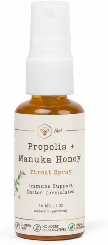 Mel Propolis and Manuka Honey Throat Spray with Lemon for Natural Immune Support & Sore Throat Relief 1 Fl Oz, Antioxidants, Keto, Paleo, Gluten-Free,