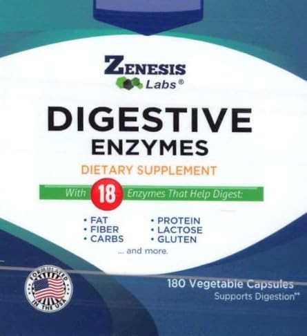 Zenesis Labs Digestive Enzymes - with Amylase, Bromelain, Protease, Lipase, & 14 Other Enzymes - 180 Capsules/Bottle
