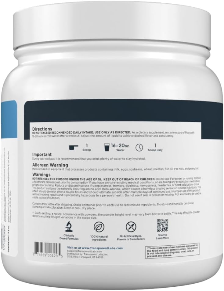 Transparent Labs Post - Post-Workout Recovery Muscle Builder with L-Glutamine, Beta-Alanine and BetaPure Betaine Anhydrous for Muscle Recovery and Muscle Building - 30 Servings, Strawberry Lemonade
