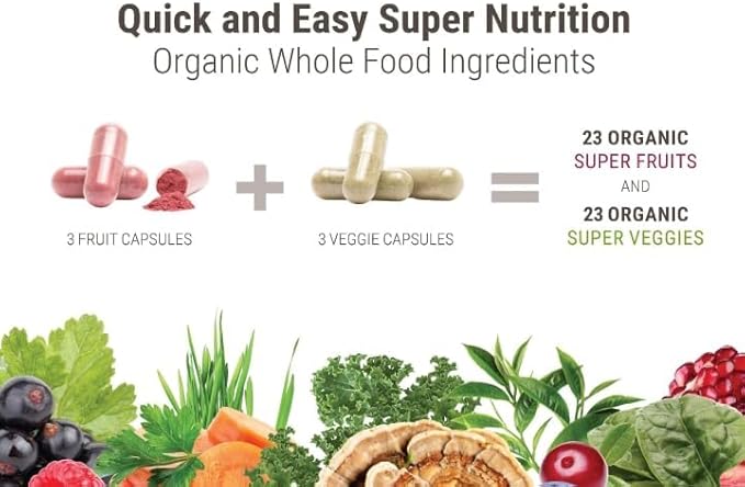 Juce Original Formula - Organic Super Fruit & Veggies Supplement - Gluten/Gelatin Free, Soy Free & Vegan- Reds & Greens Superfood Capsules- 23 Fruits & 23 Vegetables (180 Count)- By Terra Kai Organics