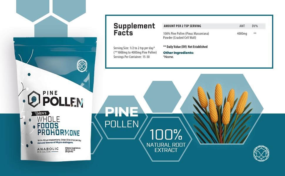 Pine Pollen Powder – Natural Whole Foods Prohormone & Testosterone Booster for Men to Boost Energy, Stamina, Hormone Balance, Anti-Aging & Nutritional Restoration – Powder (60g)