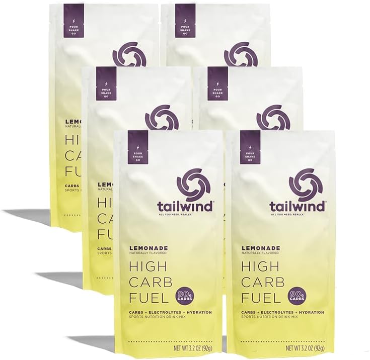 Tailwind Nutrition High Carb Fuel, 90 g High Intensity Carbs (2:1 Glucose:Fructose) + Electrolytes, Gluten‑Free, Vegan, Lemonade, Single‑Serving 6 Pack
