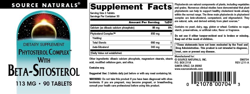 Source Naturals Phytosterol Complex with Beta-Sitosterol, Supports Healthy Cholesterol Levels*, 113 mg - 90 Tablets