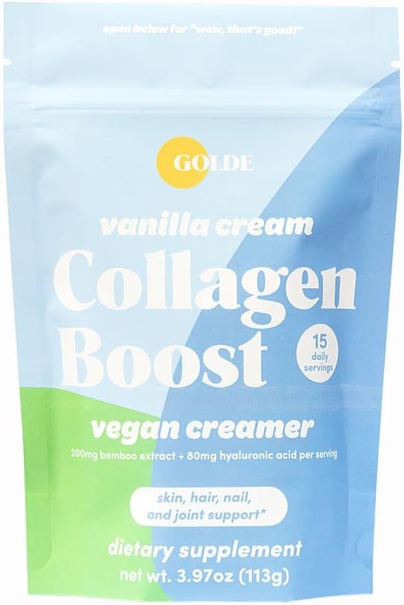 GOLDE - Collagen Boost Vegan Creamer - Vanilla Cream - Plant Based Collagen Supplement w/Hyaluronic Acid, Biotin, & Bamboo Extract - Zero Sugar - Supports Hair, Skin, & Nail Health - 15 Servings