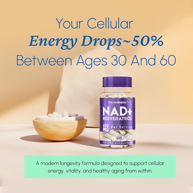 NAD+ Resveratrol, Natural Antioxidant Cellular Energy Supplement, 600mg, 60 Capsules, Made in USA