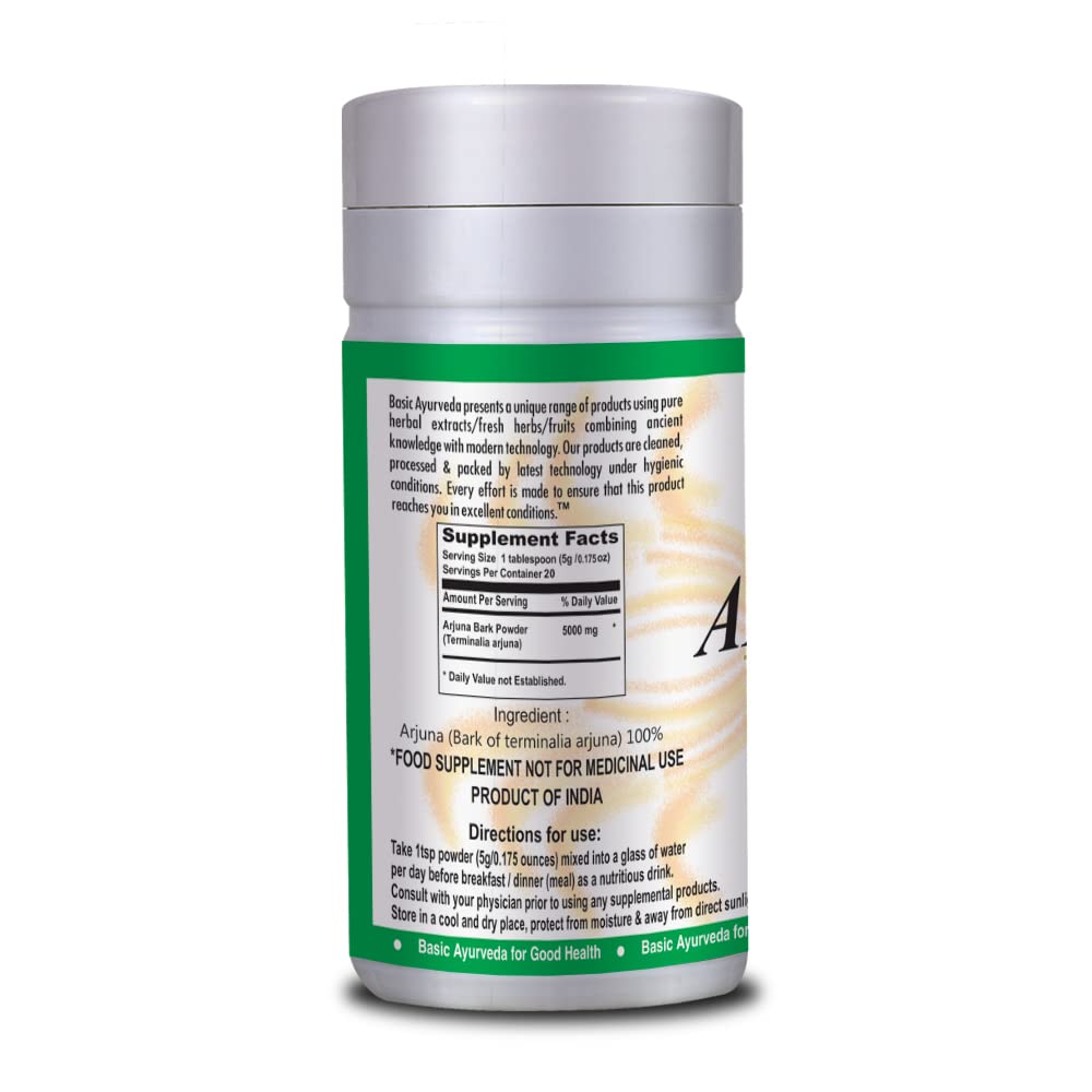 BASIC AYURVEDA Arjuna Bark Powder (Terminalia Arjuna) | Traditionally Used for Heart & Vitality Support | Pure & Natural | Non-GMO, Gluten-Free | 3.53 Oz (100g)