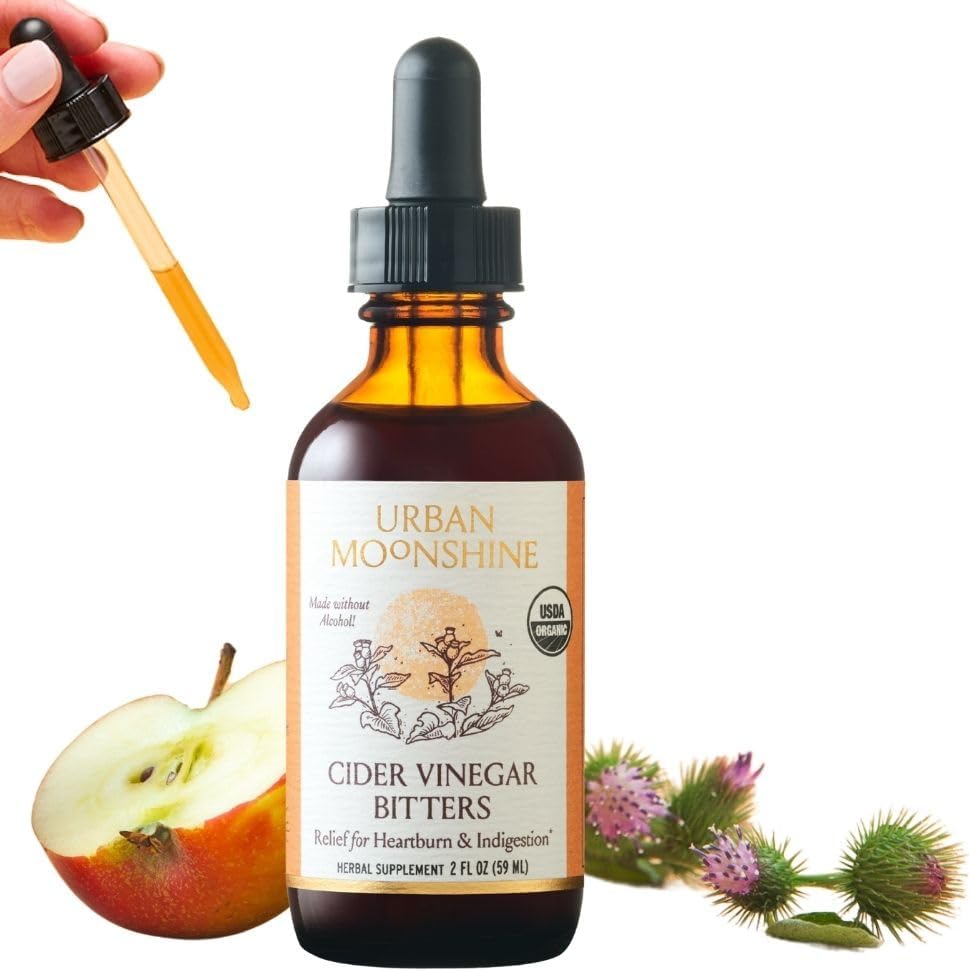 Urban Moonshine Cider Vinegar Bitters - Certified Organic - Reliefs Heartburn & Indigestion*- Digestive Juice Production* - Gentle Detox* - Digestive Bitters - Gluten Free Herbal Supplement - 2 Fl Oz
