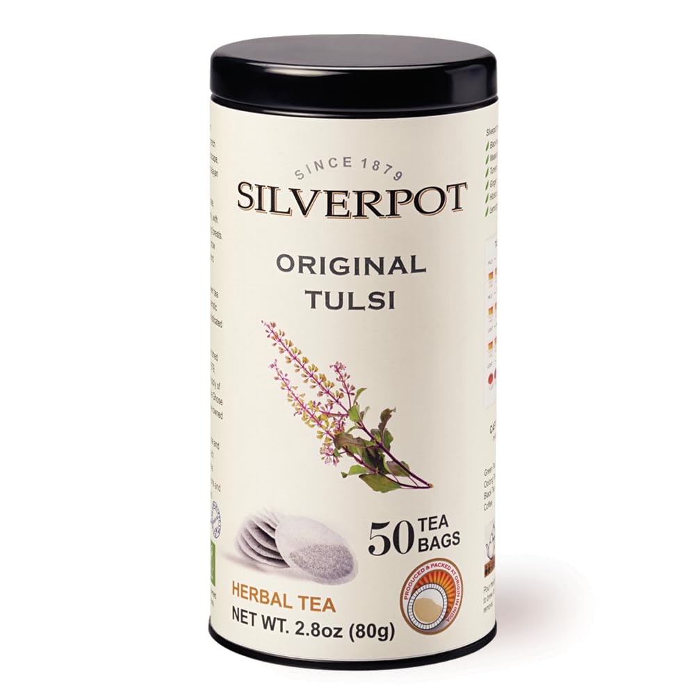 Silverpot Original Tulsi Tea - 50 Round Tea Bags | 100% Natural Holy Basil | Caffeine Free | Farm Direct | Reusable Tin