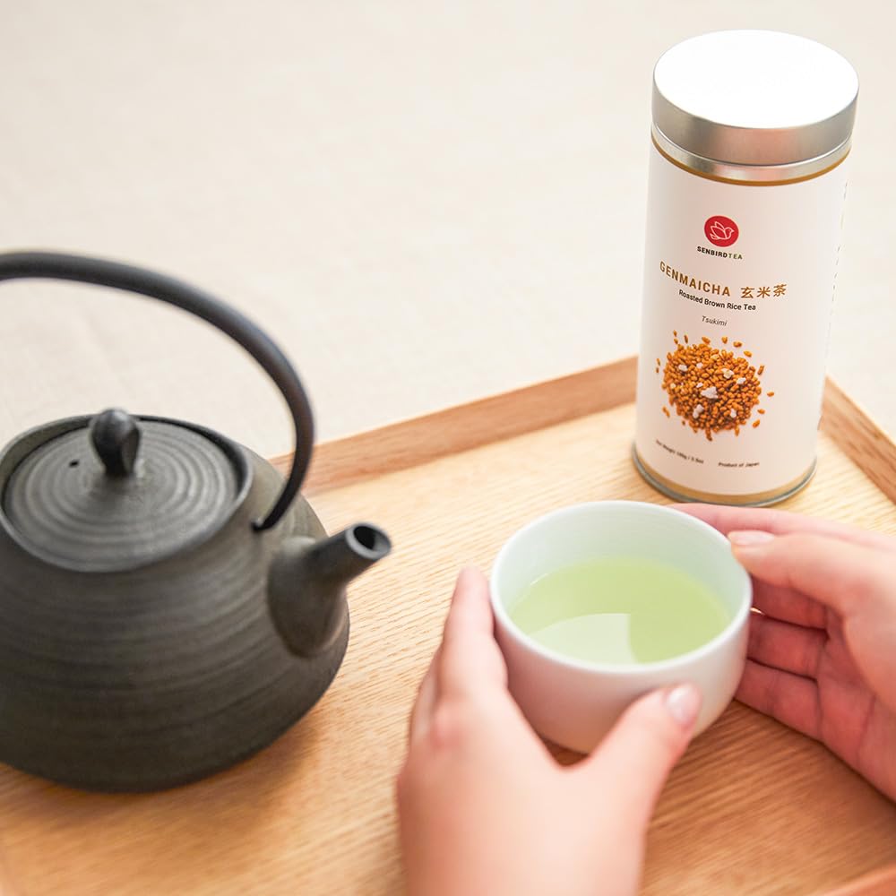 Senbird Premium Genmaicha, Caffeine-Free Japanese Mochi Rice Tea from Hokkaido Japan, Herbal Tea in Airtight Tin, 100g (3.5oz)