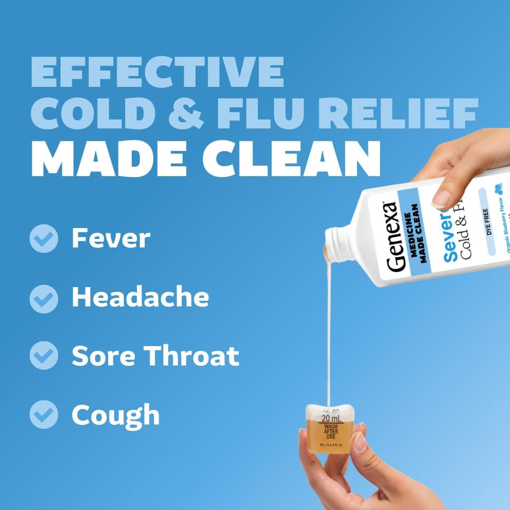 Genexa Clean Cold & Flu Relief, Dye Free, 0% Artificial Additives, Severe Daytime Medicine for Body Pain, Cough, Cold and Flu, Headache, Fever, Chest Congestion, Organic Blueberry Flavor, 6 fl oz