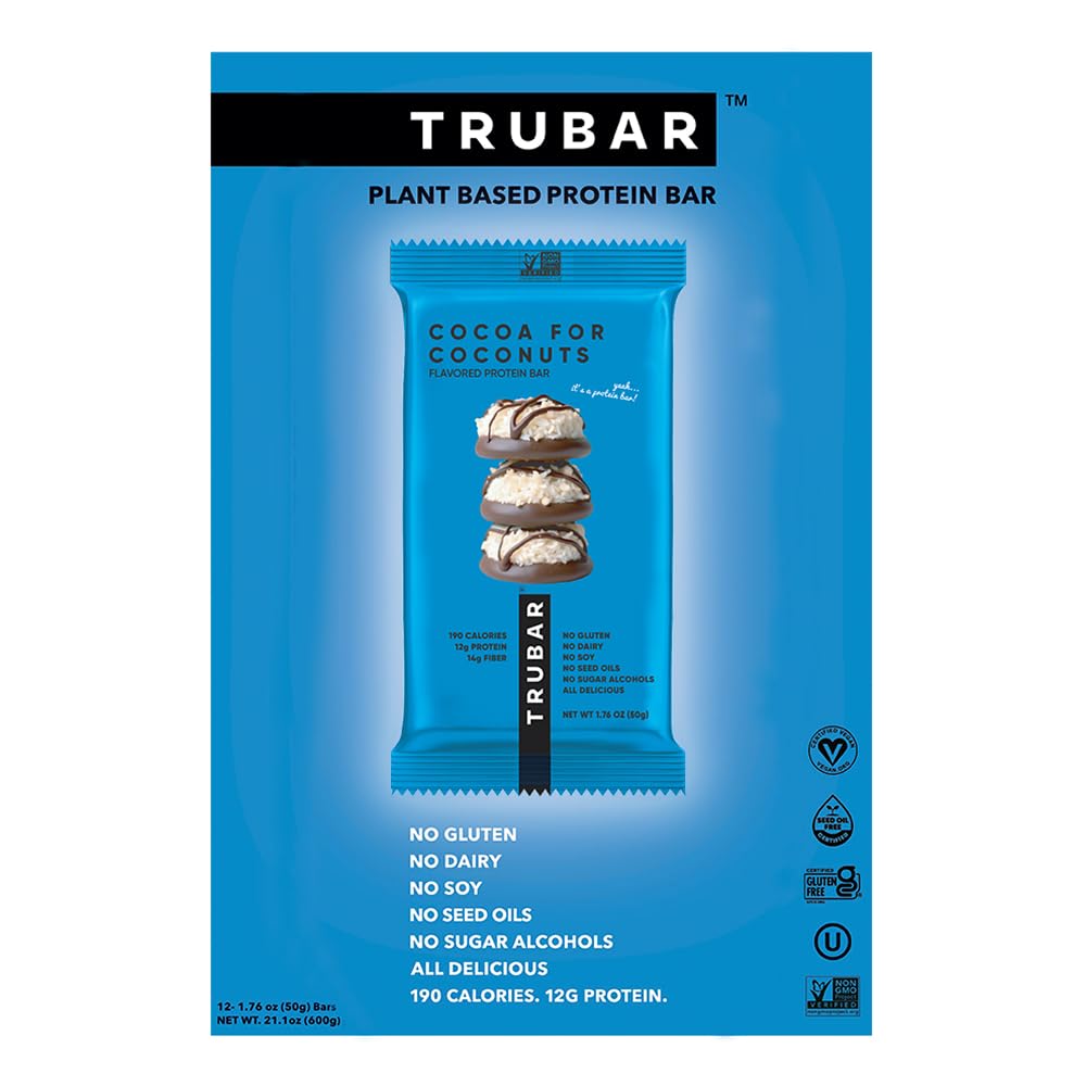 TRUBAR Vegan Protein Bar, Cocoa For Coconuts, Gluten Free, Plant Based Protein, Dairy Free, Non GMO, Soy Free, No Sugar Alcohols, 12G Protein, 12G Fiber, 23G Carb, On the Go Snack Bars, 12ct