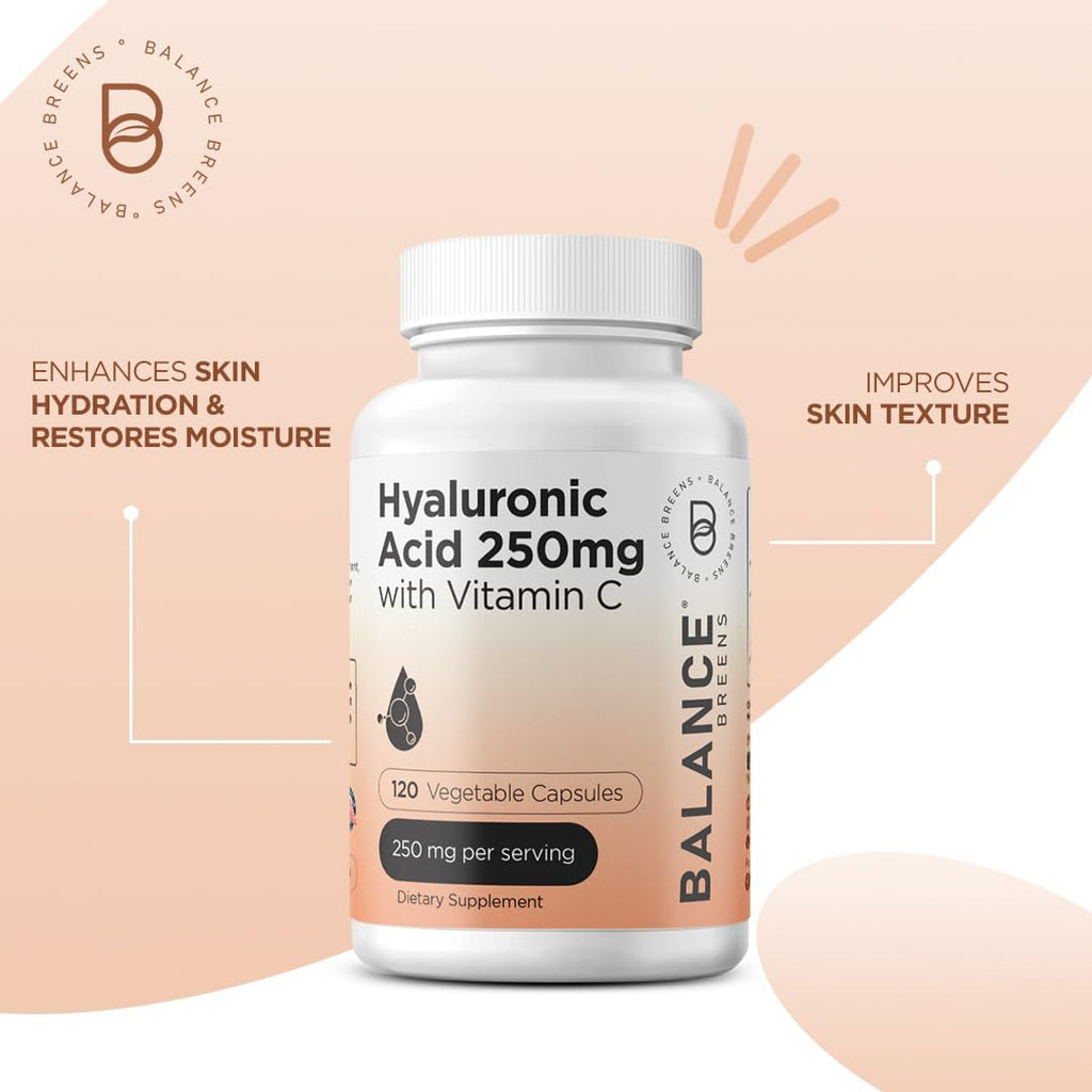Pure Hyaluronic Acid Supplement 250mg with Vitamin C 50mg, 120 Vegan Capsules - Skin Hydration for Natural Glow, Hair, Nails, Bone & Joint Health Formula