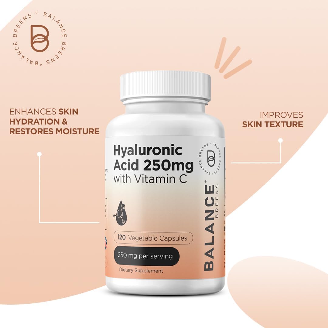 Pure Hyaluronic Acid Supplement 250mg with Vitamin C 50mg, 120 Vegan Capsules - Skin Hydration for Natural Glow, Hair, Nails, Bone & Joint Health Formula