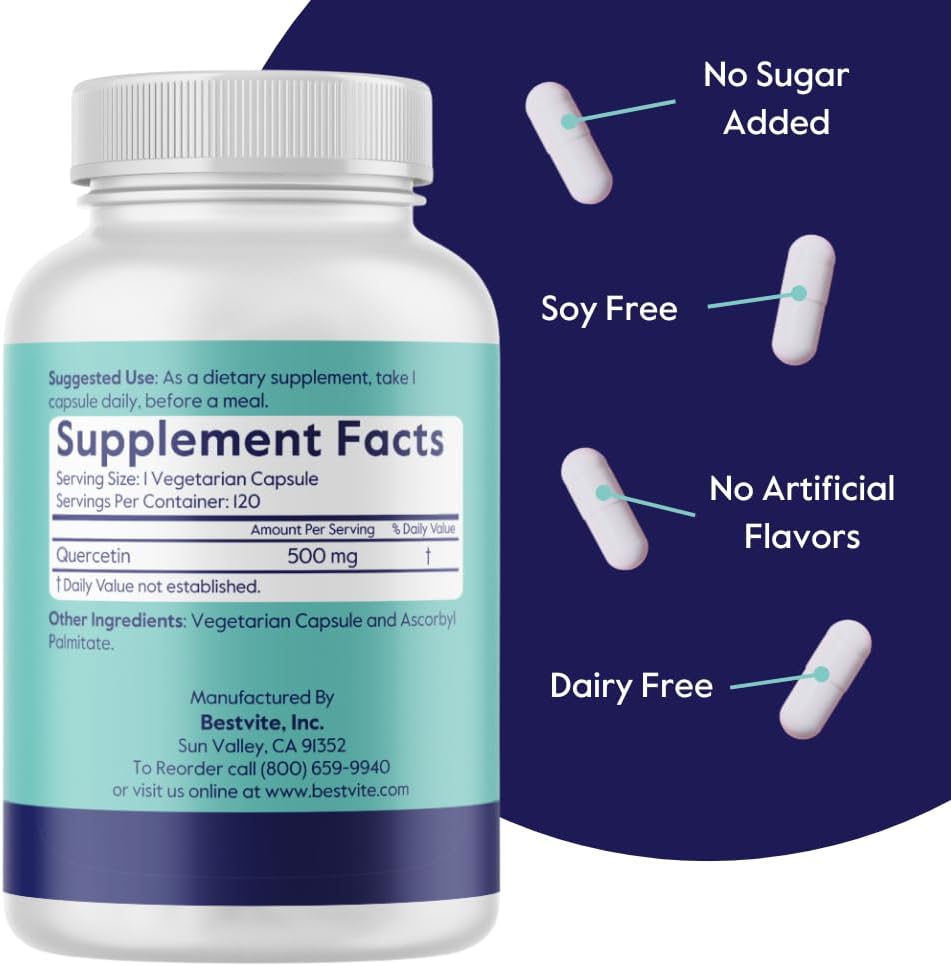 BESTVITE Quercetin 500mg (240 Vegetarian Capsules)(120 x 2) - No Stearates - No Silicon Dioxide - Vegan - Non GMO - Gluten Free