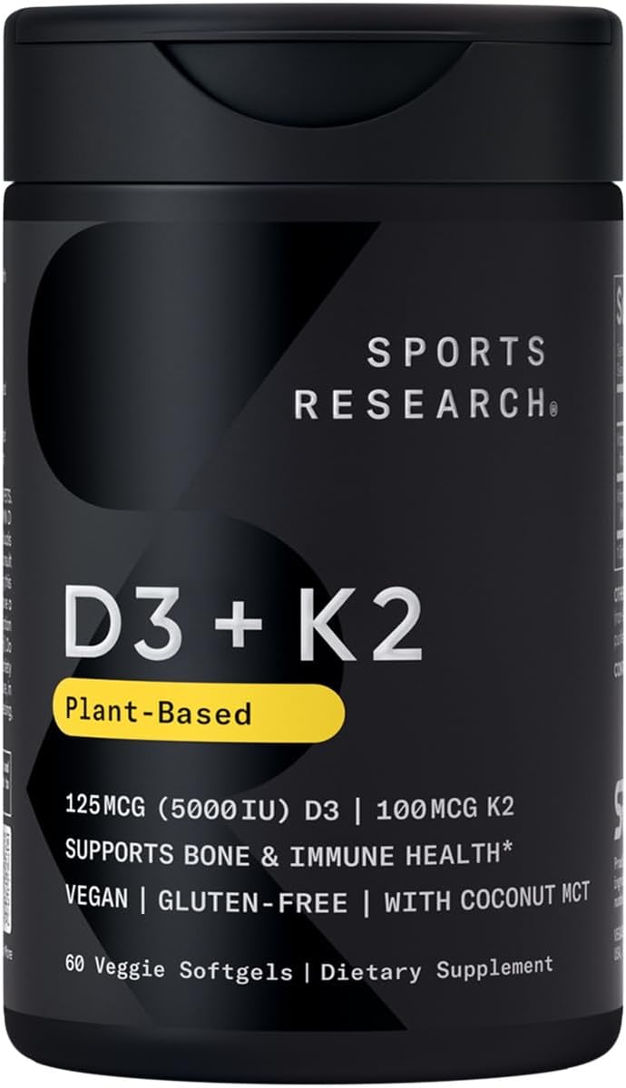 Sports Research® Vitamin D3 + K2 w/Coconut MCT Oil - Vegan D 5000iu (125mcg) & Vitamin K2 as MK7 100mcg - Vegan Certified · Non-GMO · Gluten & Soy Free - 60 Softgels