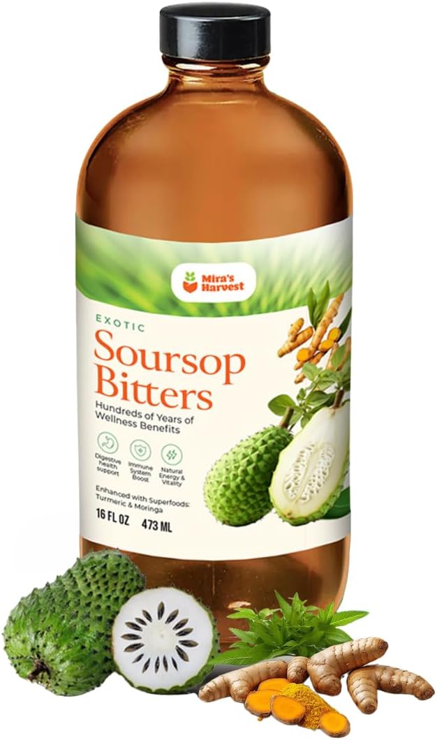 Mira’s Harvest Soursop Bitters Liquid, Guanabana 16oz Premium Grade for Gut Support, with Moringa, Bitter Wood, Apple Cider Vinegar