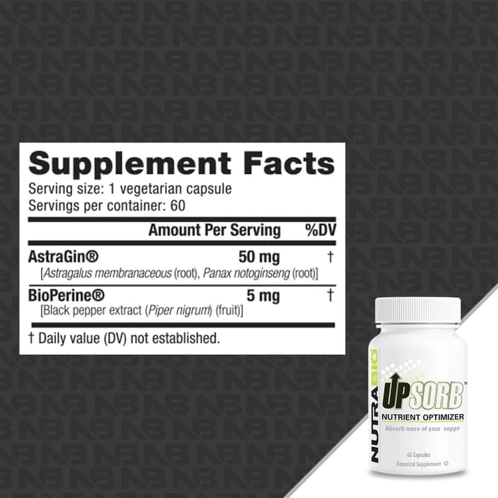 NutraBio UpSorb - BioPerine Supplement- Nutrient Bioavailability Enhancer with Black Pepper Extract - 60 Vegetable Capsules
