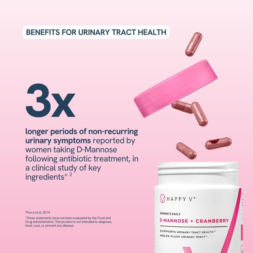 Happy V Dr. Formulated D-Mannose with Cranberry Pills for Women Cranberry for Urinary Tract infections & D Mannose Powder for UTI Infection Prevention, Bladder & Urinary Tract Health & Harmony