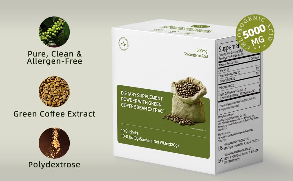 YVIP Green Coffee Bean Extract Powder 3g - Rich of Chlorogenic Acid, Antioxidant-Rich, Lower Caffeine, Clean & Pure, with Polydextrose, Supports Digestion, Metabolism & Blood Sugar (10 Count)