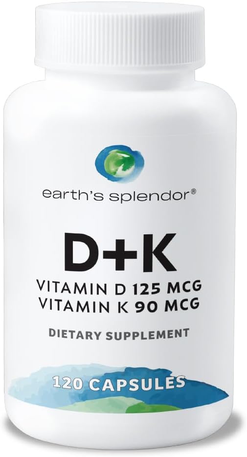Earth's Splendor Vitamin D + K, 120 Capsules, Contains D 120mcg of Vitamin D3 and 90mcg Vitamin K2, 4 Month Supply