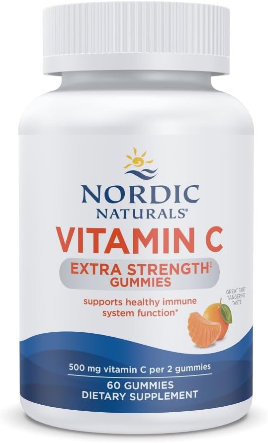 Nordic Naturals Vitamin C Extra Strength Gummies - Tangerine Flavor - 60 Gummies - 500 mg Vegan Vitamin C Supplement - Low-Sugar Immune - Support - 30 Servings