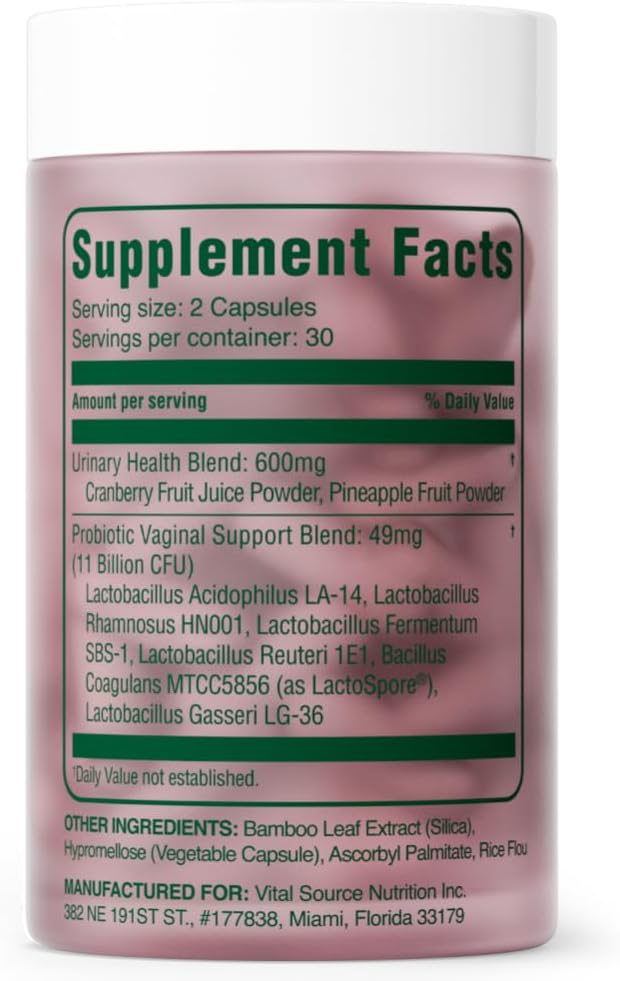 Vital Source Nutrition - ViXi - Feminine Balance Capsules - Vaginal Wellness & pH Support - with LactoSpore, Cranberry + Pineapple Fruit Powder -Supports Urinary Wellness & Healthy Flora -30 Servings